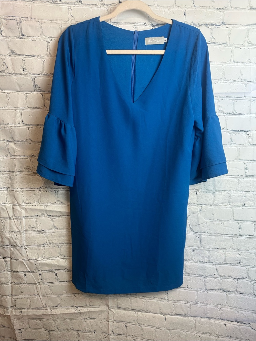 Blue Midi Dress with V-Neck and Ruffled Sleeves - Brand: